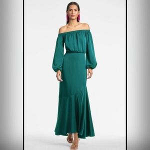 NWT Sachin & Babi Kai Dress 0 Off-The-Shoulder Green Maxi Tie Bow Dragonfly